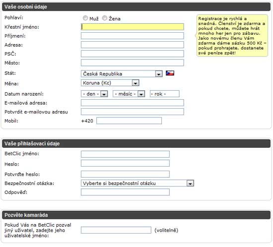 Betclic - registrační formulář