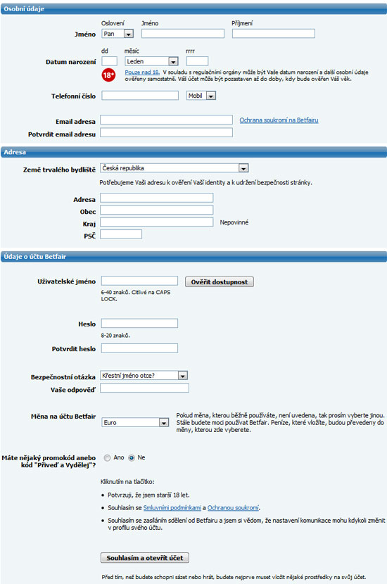 Betfair - registrační formulář